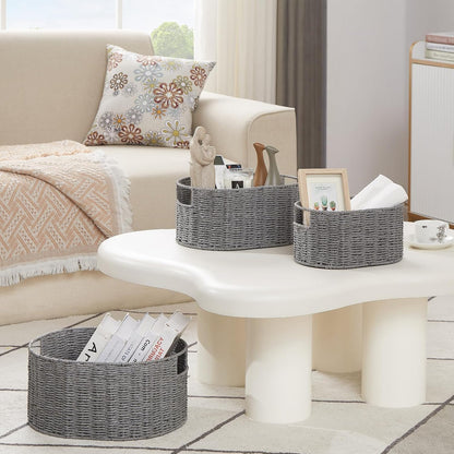 Vagusicc Set of 3 Wicker Storage Baskets - Hand-woven Round Large Baskets for Organizing, Grey Storage Decor