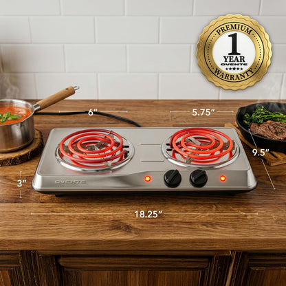 OVENTE Electric Countertop Double Burner, 1700W Cooktop with 6" and 5.75" Stainless Steel Coil Hot Plates, 5 Level Temperature Control, Indicator Lights and Easy to Clean Cooking Stove, Silver BGC102S
