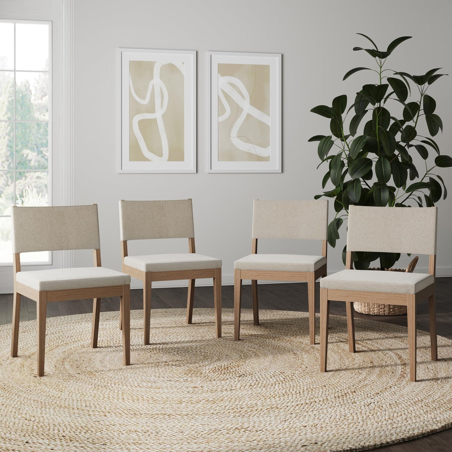 Nathan James Linus Modern Upholstered Dining Chair with Solid Rubberwood Legs in a Wire-Brushed Brown Finish, Natural Flax/Brown, Set of 4