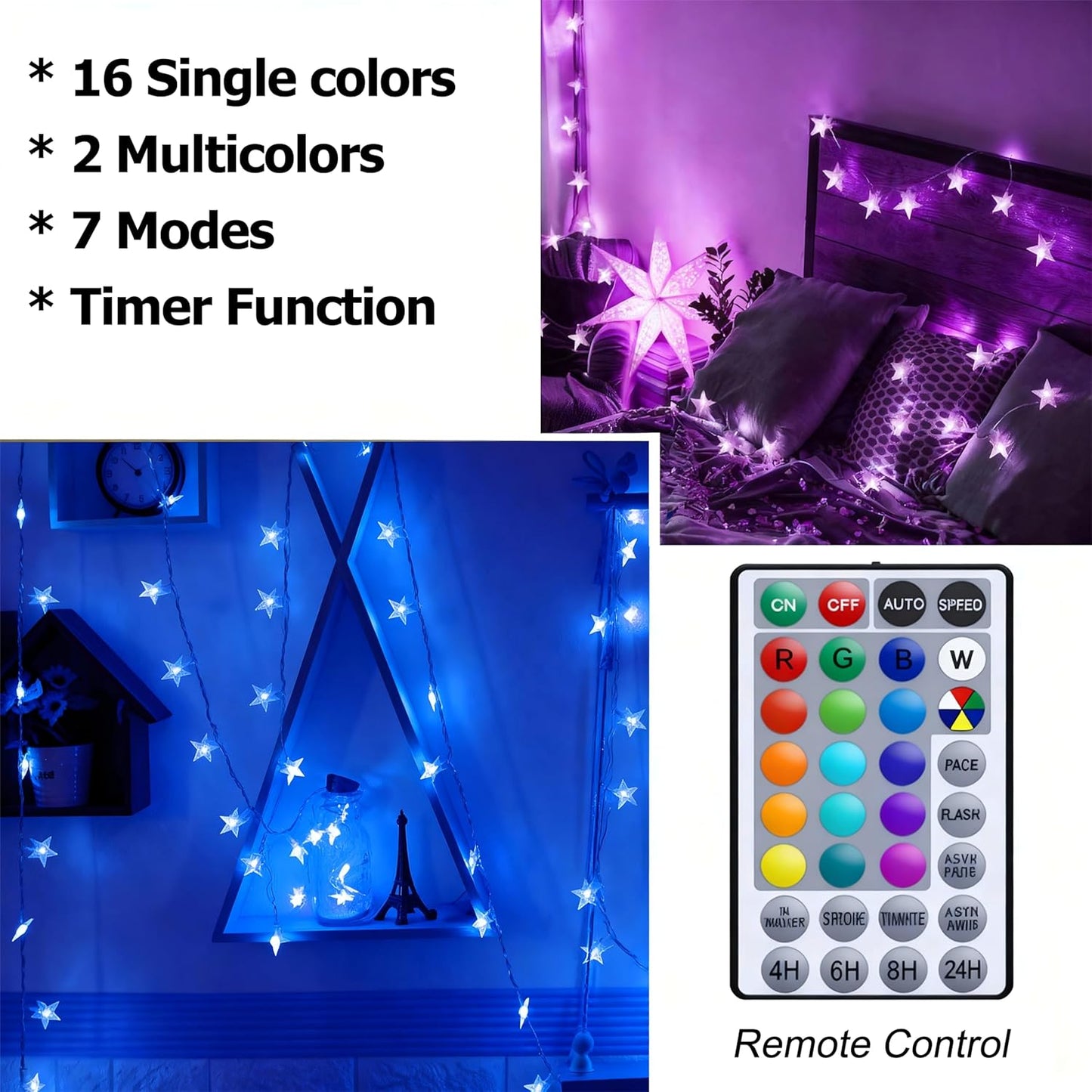 20ft, 40 Solhice Star String Lights Battery Operated Color Changing LEDs Fairy Lights, Hanging Twinkle Lights