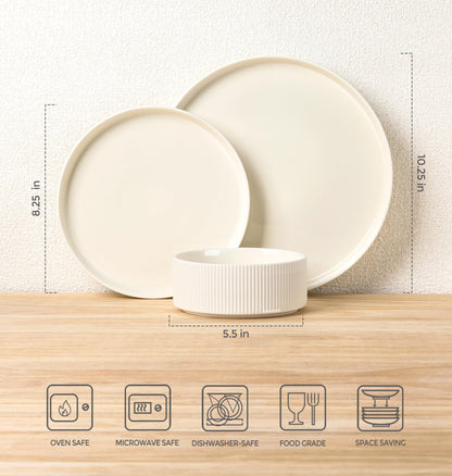 TheTerra Ceramic Dinnerware Sets for 4, 12 Pieces Porcelain Lightweight Plates and Bowls Sets, Scratch Resistant Dish Set, Oven & Microwave & Dishwasher Safe, Beige