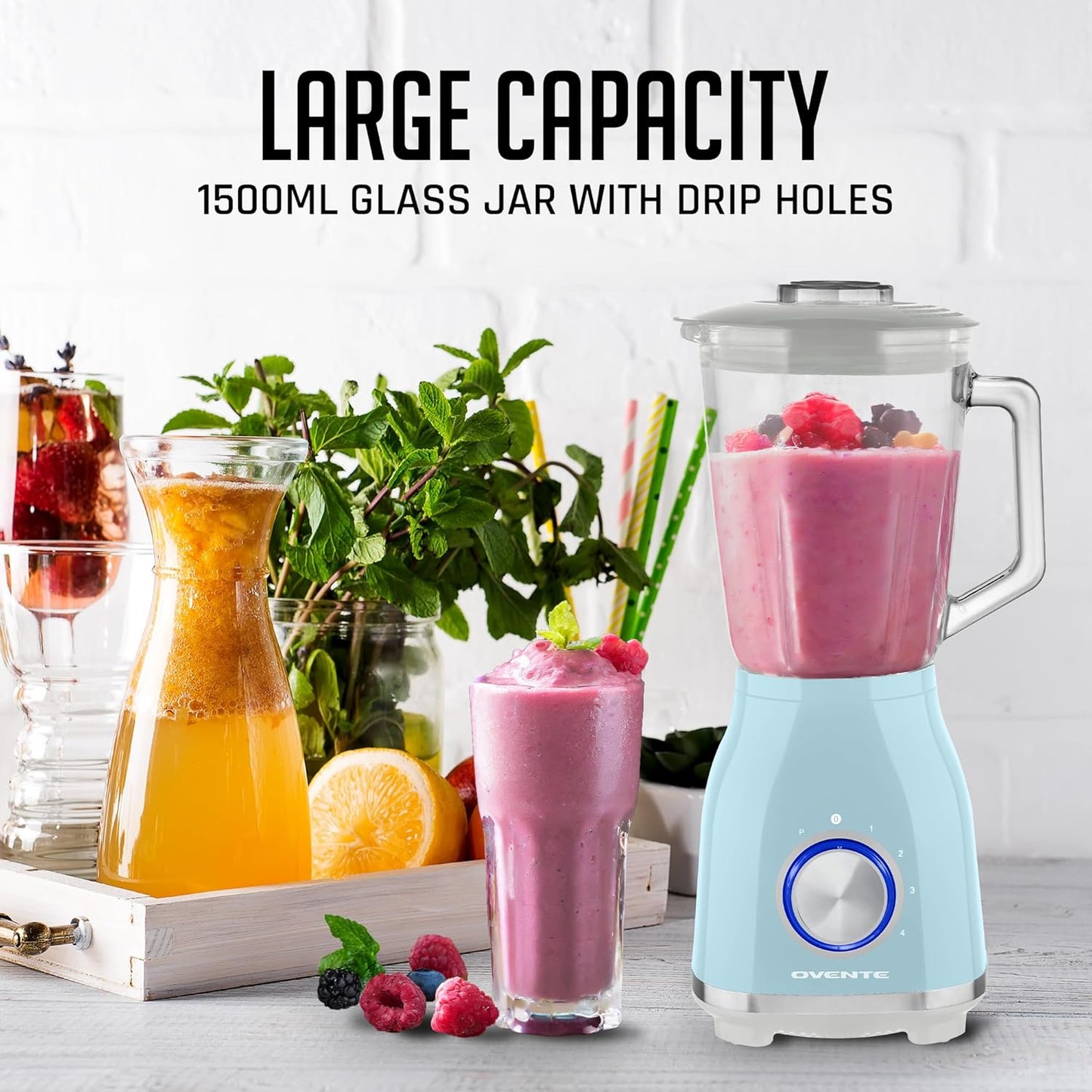 OVENTE Countertop Kitchen Blender - 550 Watts, Stainless Steel Blades, 50oz Glass Jar for Smoothies & More, Blue
