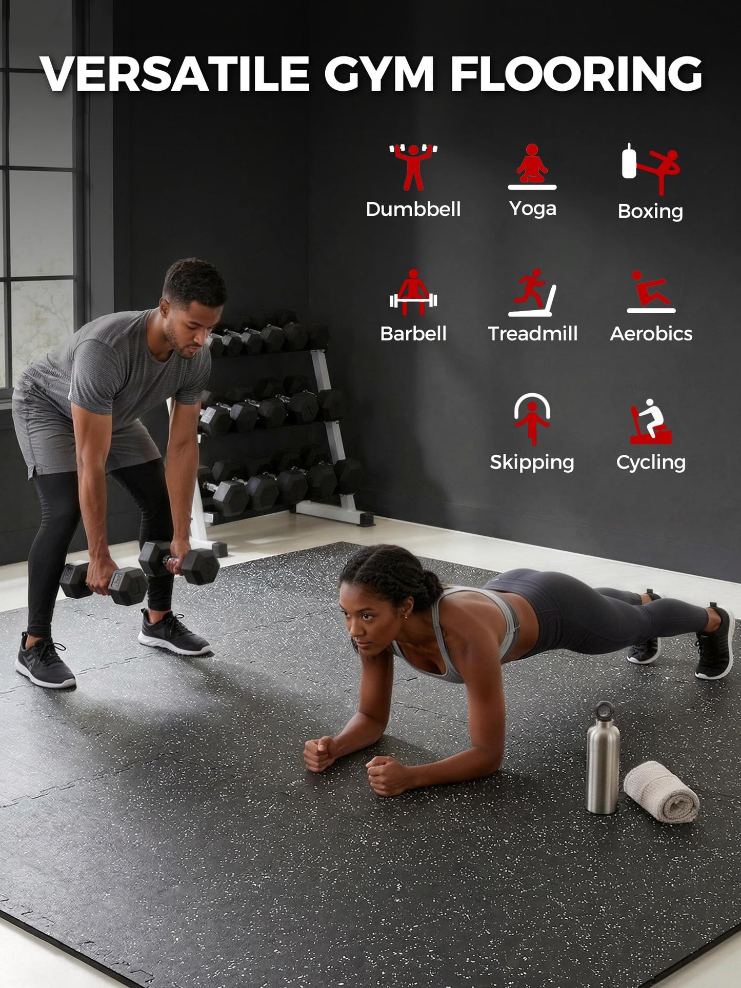 HIAARO 0.79in Extra-Thick 72 Sq Ft Exercise Equipment Mats, 18 Tiles Rubber Top EVA Foam Workout Mats, Interlocking Gym Flooring for Home Gym, 24 x 24in, Black & White
