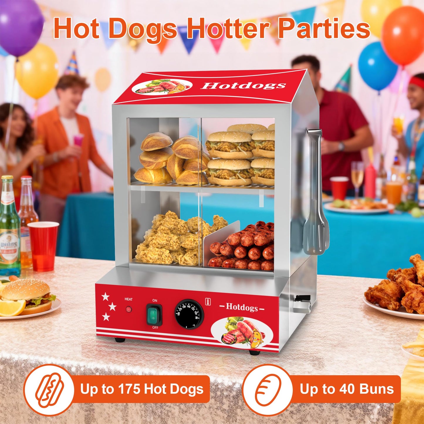 ZMRTDWO Hot Dog Steamer, 28.5QT 2-Tier Commercial Hot Dog Machine with Bun Warmer, 86°F~185°F Adjustable, 175 Hot Dogs & 40 Buns, Stainless Steel Hot Dog Bun Warmer with Tempered Glass Slide Doors