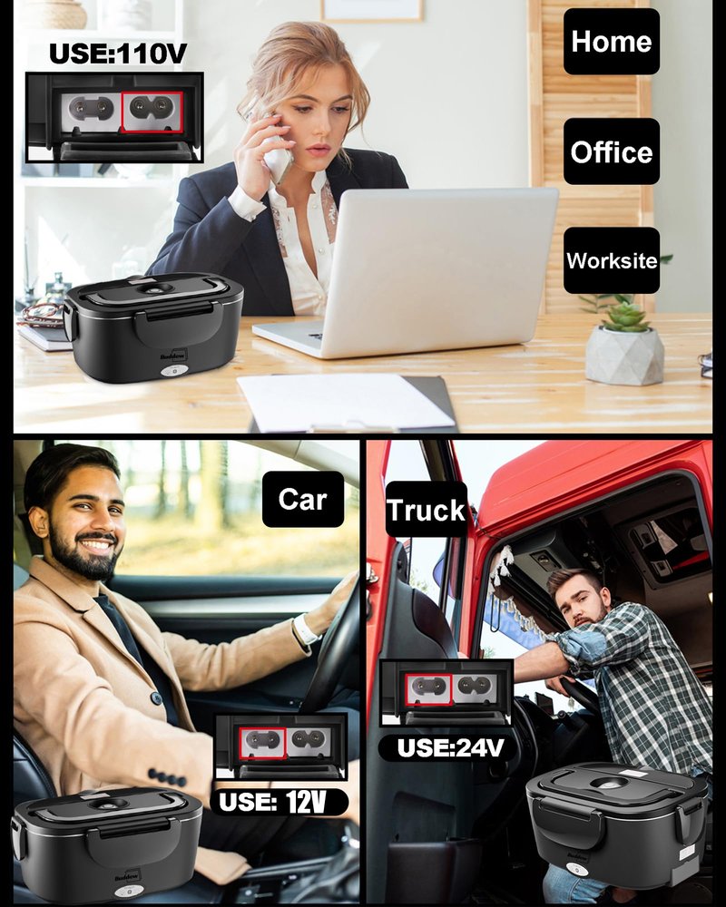Buddew Electric Lunch Box for Adults, 80W Heated Lunch Box with Dual 1.5L Stainless Steel Portable Food Warmer,12/24/110V Lonchera Electrica Portatil for Travel&Work, Loncheras para Hombres de Trabajo