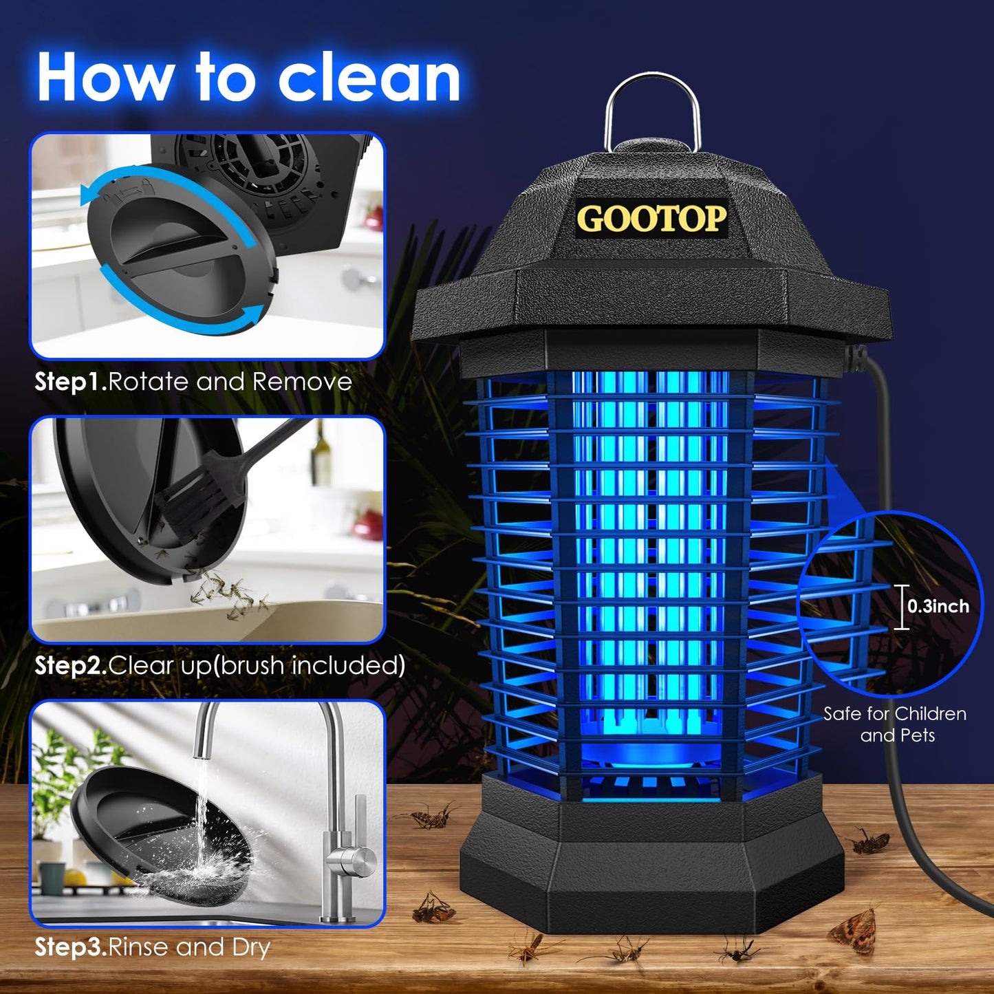 GOOTOP Bug Zapper Outdoor, Mosquito Zapper, 3 Prong Plug in Electric Fly Zapper, Mosquito Killer, Fly Traps, Flying Insects Zapper Indoor Outdoor 90-130V, 4200V, ABS Plastic Outer (Black)