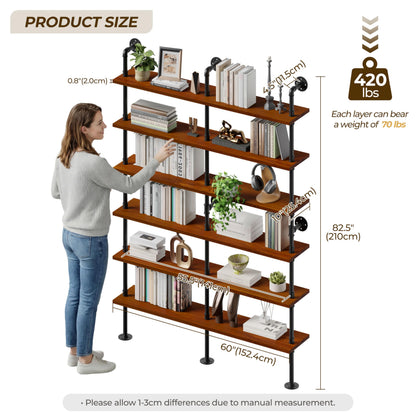 Anynice 6-Tier Ladder Shelf with Warm LED Light Strip, Solid Pine Wood Wall Mounted Bookshelf in Walnut Brown, 60-Inch Industrial Pipe Bookcase for Living Room, Bedroom, Home Office