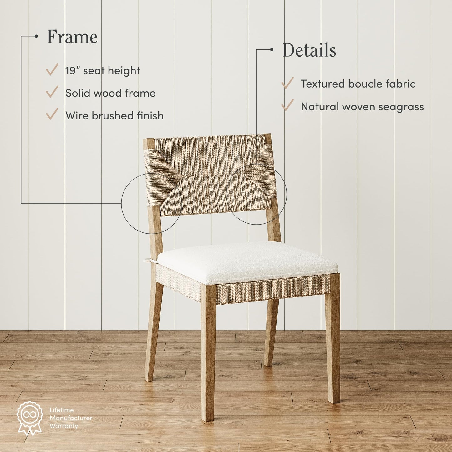 Beacon Boho Dining Chair Set of 6, Boucle Dining Chair with Seagrass Accent and Solid Wood Legs, Cream Boucle/Light Brown
