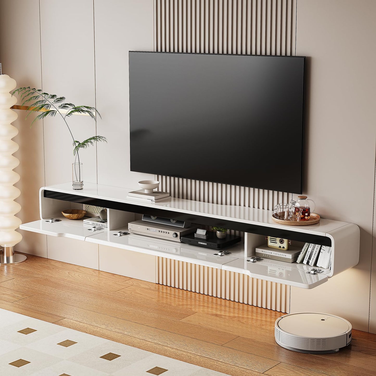 FurniNova High Gloss Floating TV Stand with 3 Doors,47'' Wall Mounted TV Cabinet,Under TV Console,Floating Media Shelft for Bedroom Living Room(White)