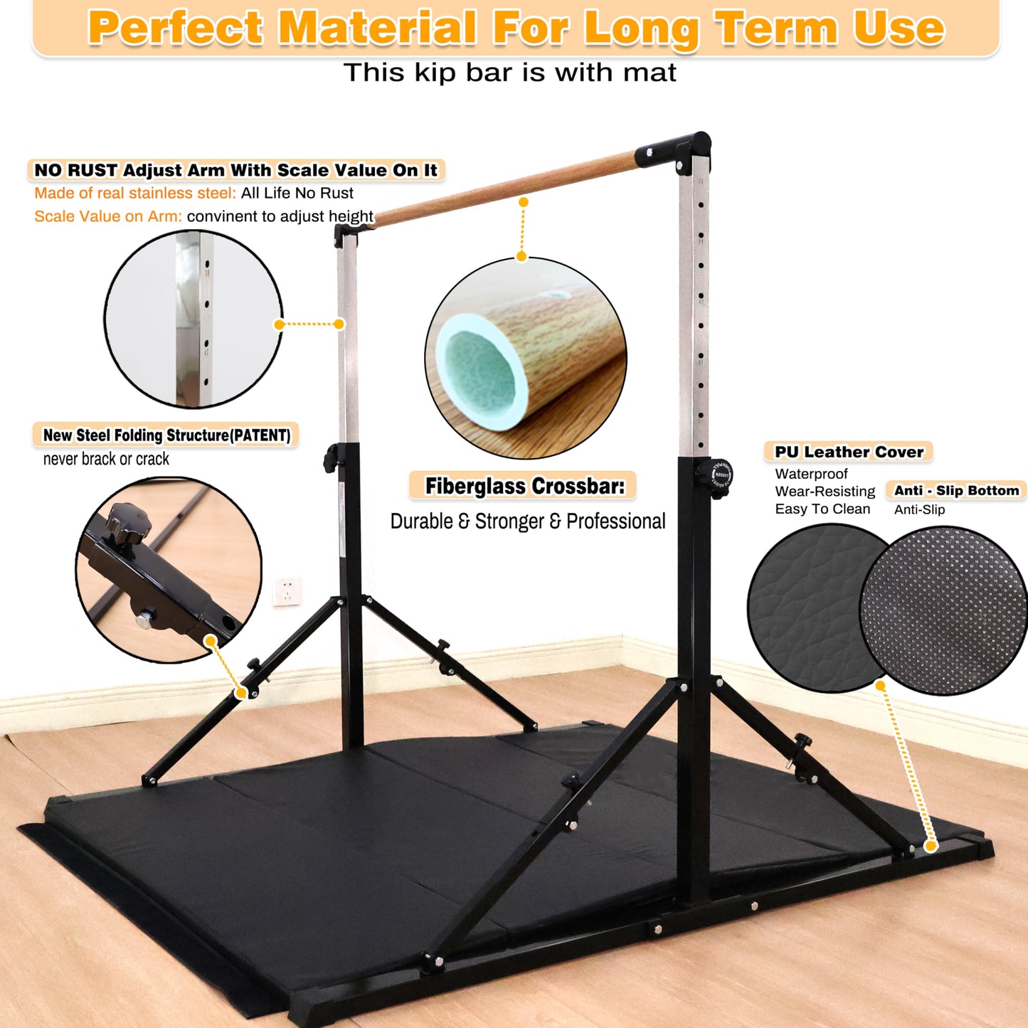Marfual 5 Ft Fold Gymnastic Bar with Mat Kip Bar with Mat with Professional 4 Ft Width for Kids and Girl and Teenage Home and Club Use