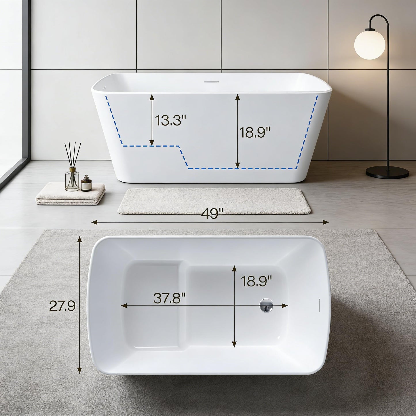 49" Acrylic Freestanding Soaking Bathtub, Matte Black Drain & Overflow, Modern Design Unique Tub for Home Bathroom Renovations, Glossy White