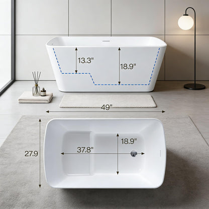 49" Acrylic Freestanding Soaking Bathtub, Matte Black Drain & Overflow, Modern Design Unique Tub for Home Bathroom Renovations, Glossy White
