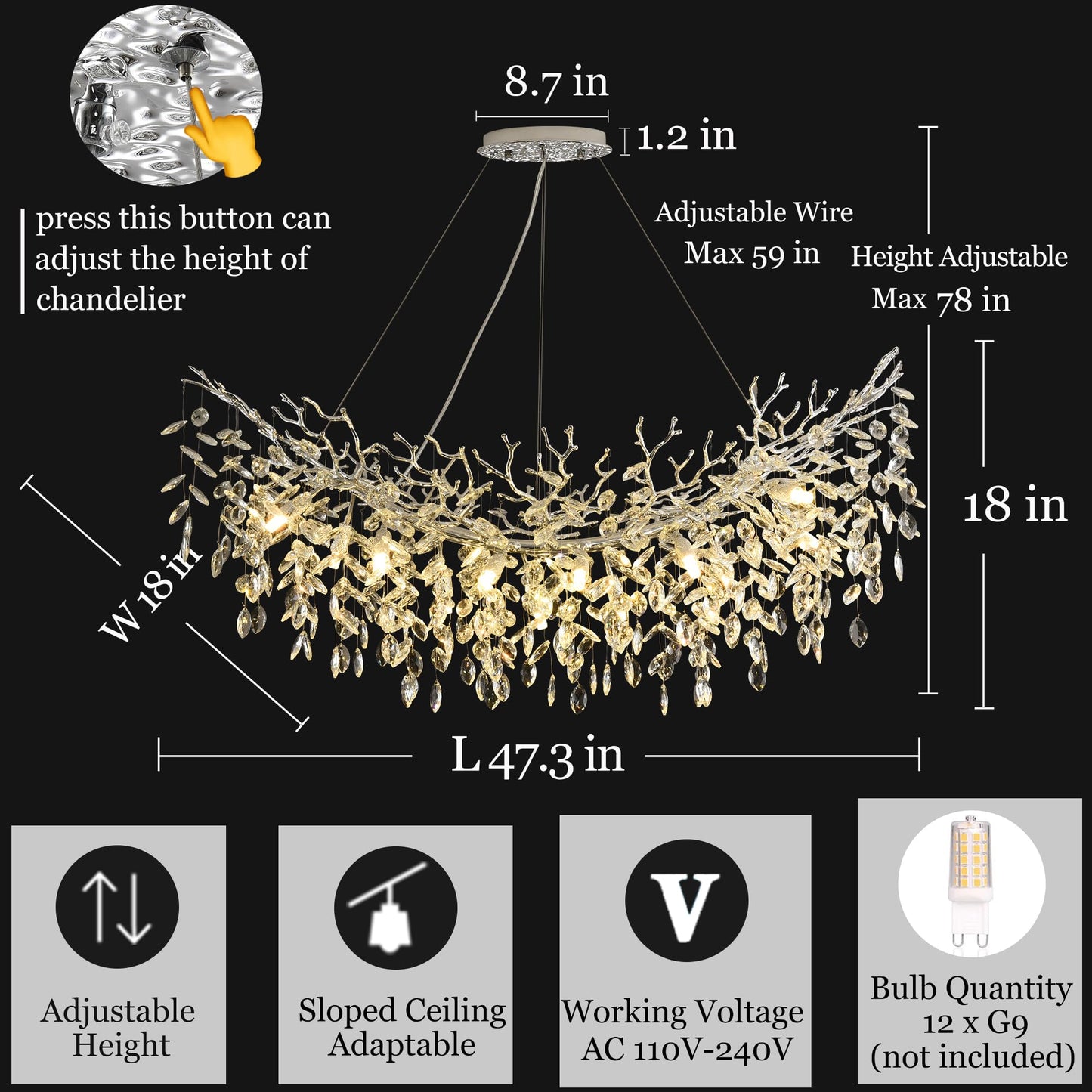 Upfelw Rectangle Crystal Tree Branch Chandelier, L47.3'' Mpdern Luxury Chrome Linear Art Deco Raindrop Pendant Lighting Fixture for Kitchen Island Foyer Living Room Dining Room 14 Lights
