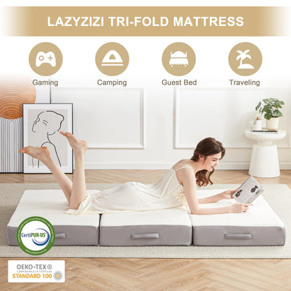 Lazyzizi Folding Mattress, 6 Inch Memory Foam Tri-fold Mattress with Breathable & Washable Bamboo Fiber Fabric Cover, Foldable Floor Guest Bed for Camping, Road Trip, Twin