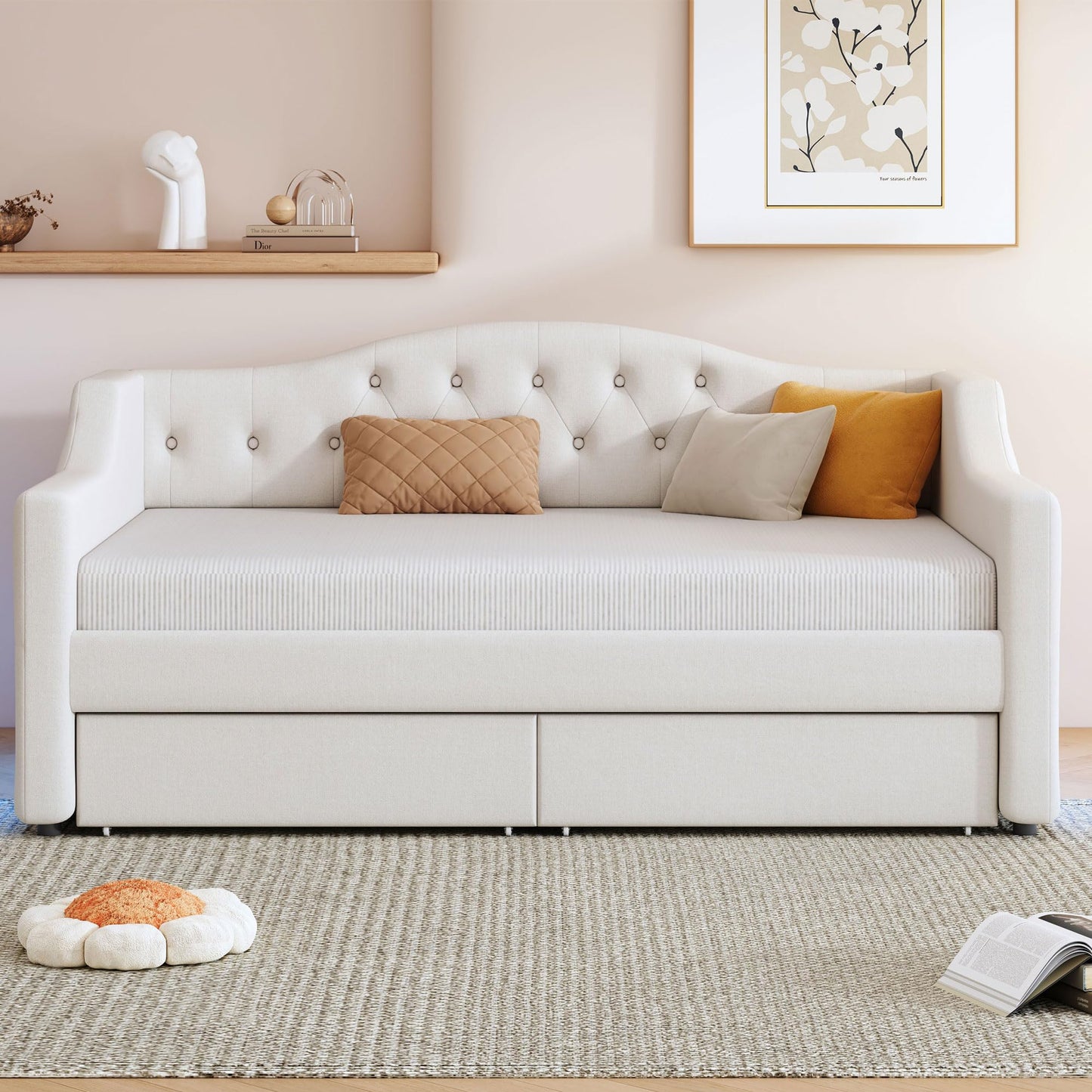 DNYN Twin XL Upholstered Daybed with Storage Drawers for Kids,Adults,Solid Wood Bedframe w/Led & Fabric Backrest Design,No Box Spring Needed & Easy Assembly, Beige