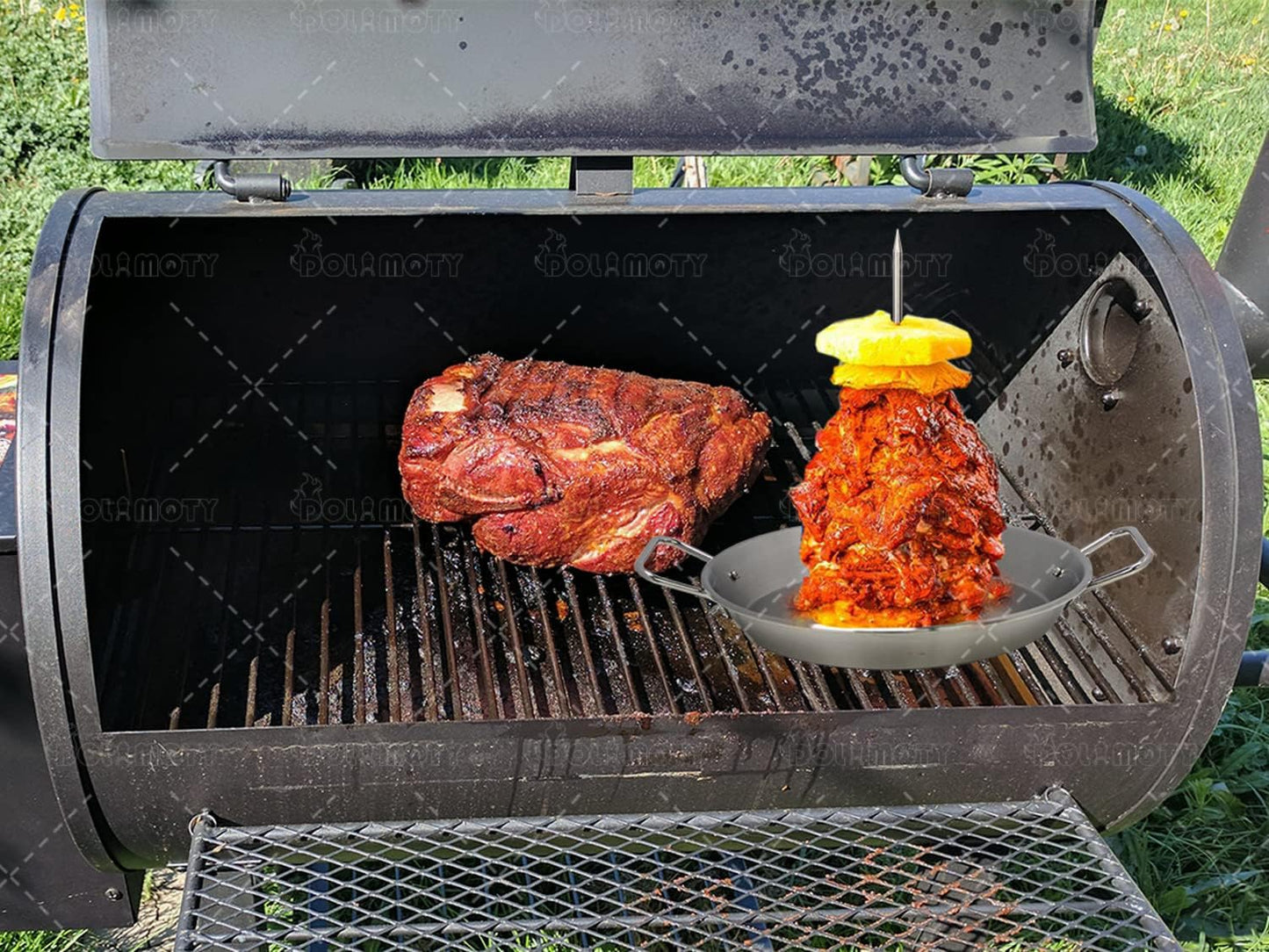 DOLAMOTY BBQ Vertical Skewer Pan Gyro Spit Shawarma Stand for oven, Al Pastor Skewer for Grill, El Pastor Hack for Tacos Al Pastor Chicken, Brazilian, Stainless Steel, with 8",10" stick