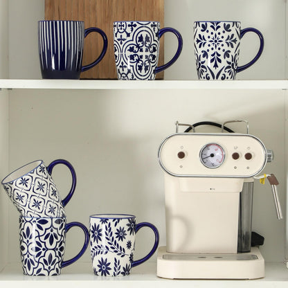 HASENSE Coffee Mugs Set of 6, 15OZ Ceramic Coffee Mugs with Blue and White Floral Patterns, Elegant Large Coffee Cups for Coffee, Tea, Latte & Cappuccino, Microwave & Dishwasher Safe, Vintage Blue