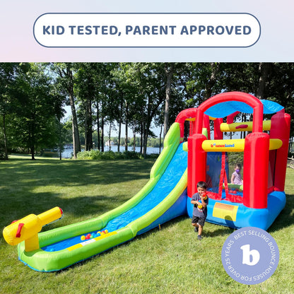 Inflatable Bounce House or Water Slide Wet or Dry with Sun Roof, Ball Pit 30 Balls, Water Gun, Fun Bouncing Area with Basketball Hoop, Long Slide with Climbing Wall, UL Certified Blower Included