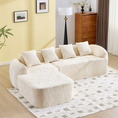 KEIKI 101.18" Cloud Sofa, Chenille L-Shape Sectional Sofa with Chaise, Four Pillows, Compressed Sofa Couch for Living Room, Guest, Bedroom, No Assembly Required, Beige