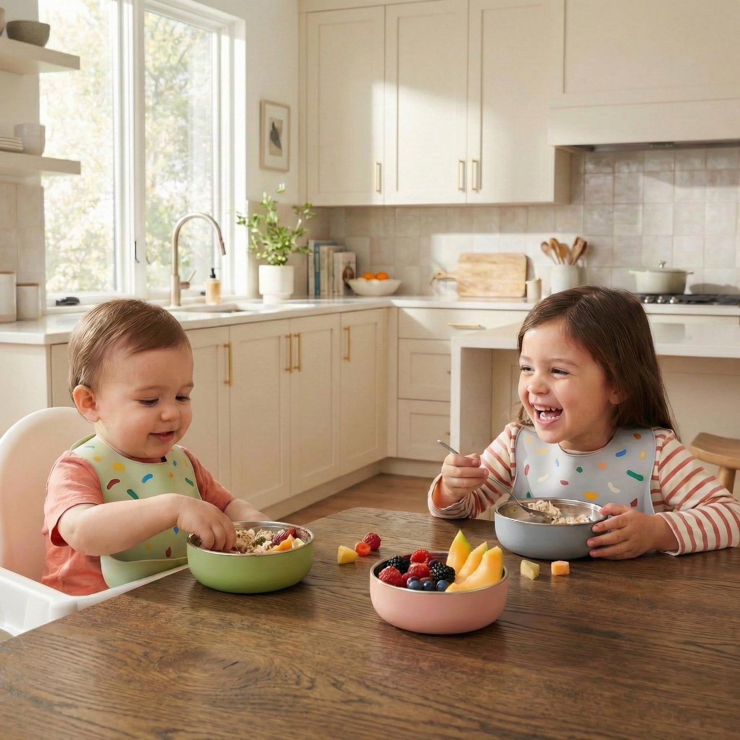 Monkey Proof™ Non-Toxic Stainless Steel Child Bowl 5” with Non-Slip Silicone Shell, Multi-color, (Set of 4 bowls) Unbreakable, Mess Free Feeding for Babies, Toddlers, Kids, BPA free