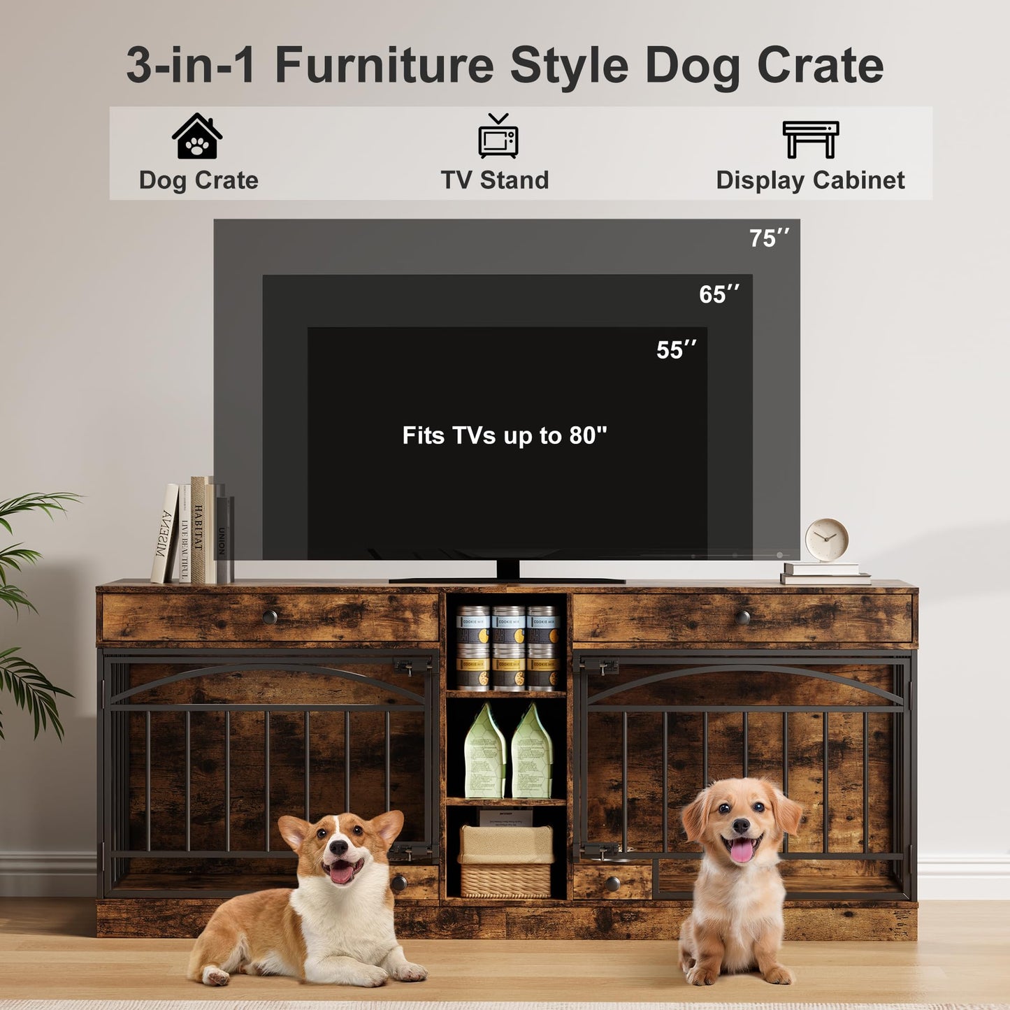 GarveeHome Dog Crate Furniture for 2 Dogs, Dog Kennel Indoor with Storage and Feeding Bowls, Double Dog Crate TV Stand for Small Medium Dogs, Brown