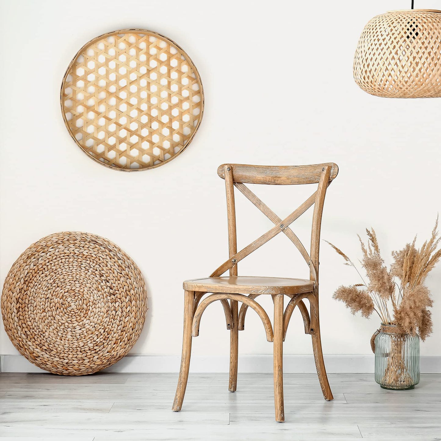 Tatuo Set of 4 Boho Wall Basket Decor Round Rattan Hollow Bamboo Baskets Flower Shape Flat Woven Wall Decor Hanging Basket Set Macrame Tassel Tapestry for Bedroom Living Room