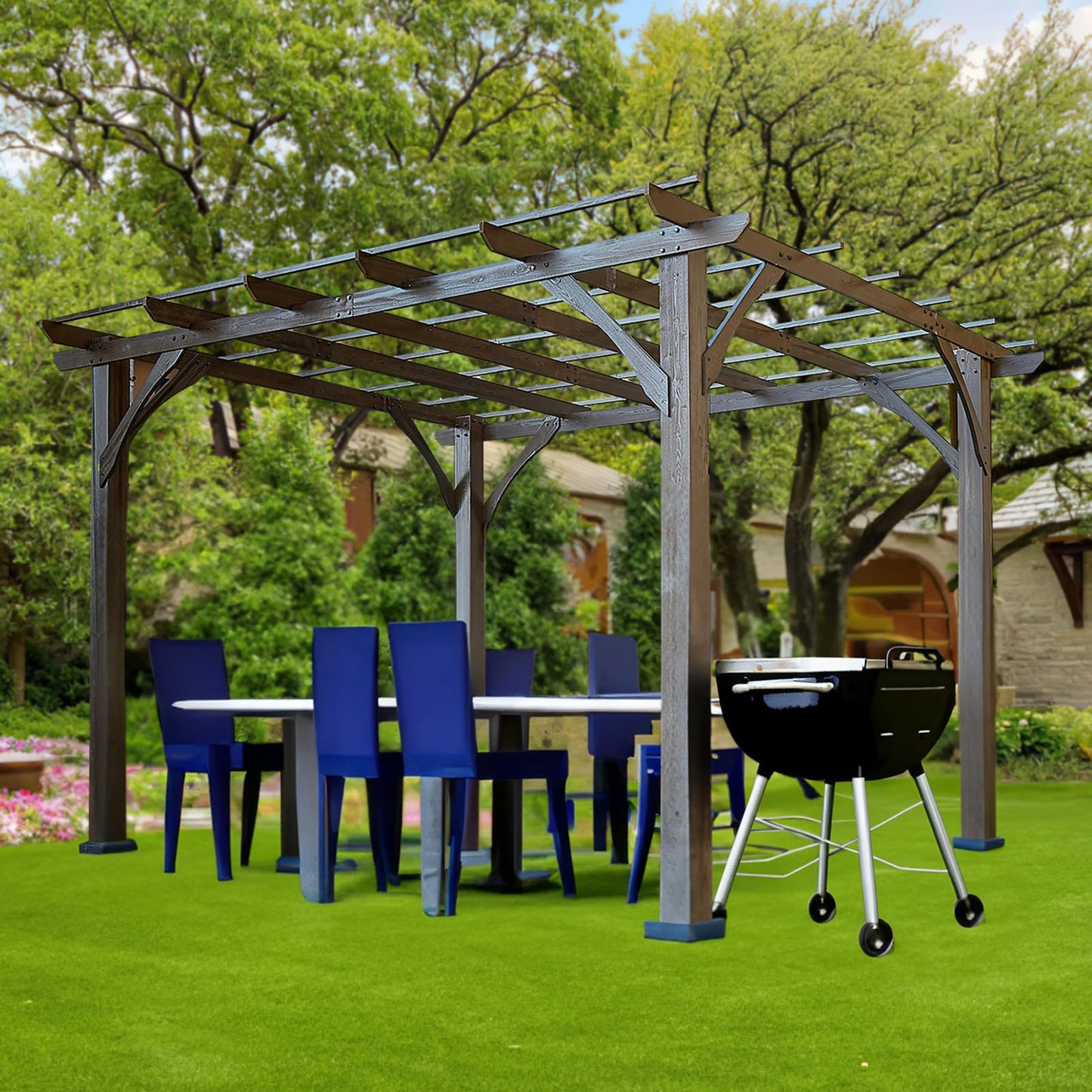 Endark 12 * 10FT Cedar Wood Pergola, Wind Secure, Strong, Quality Made, Rot Resistant, Concrete Anchors, Spacious for Outdoor Patio, Deck