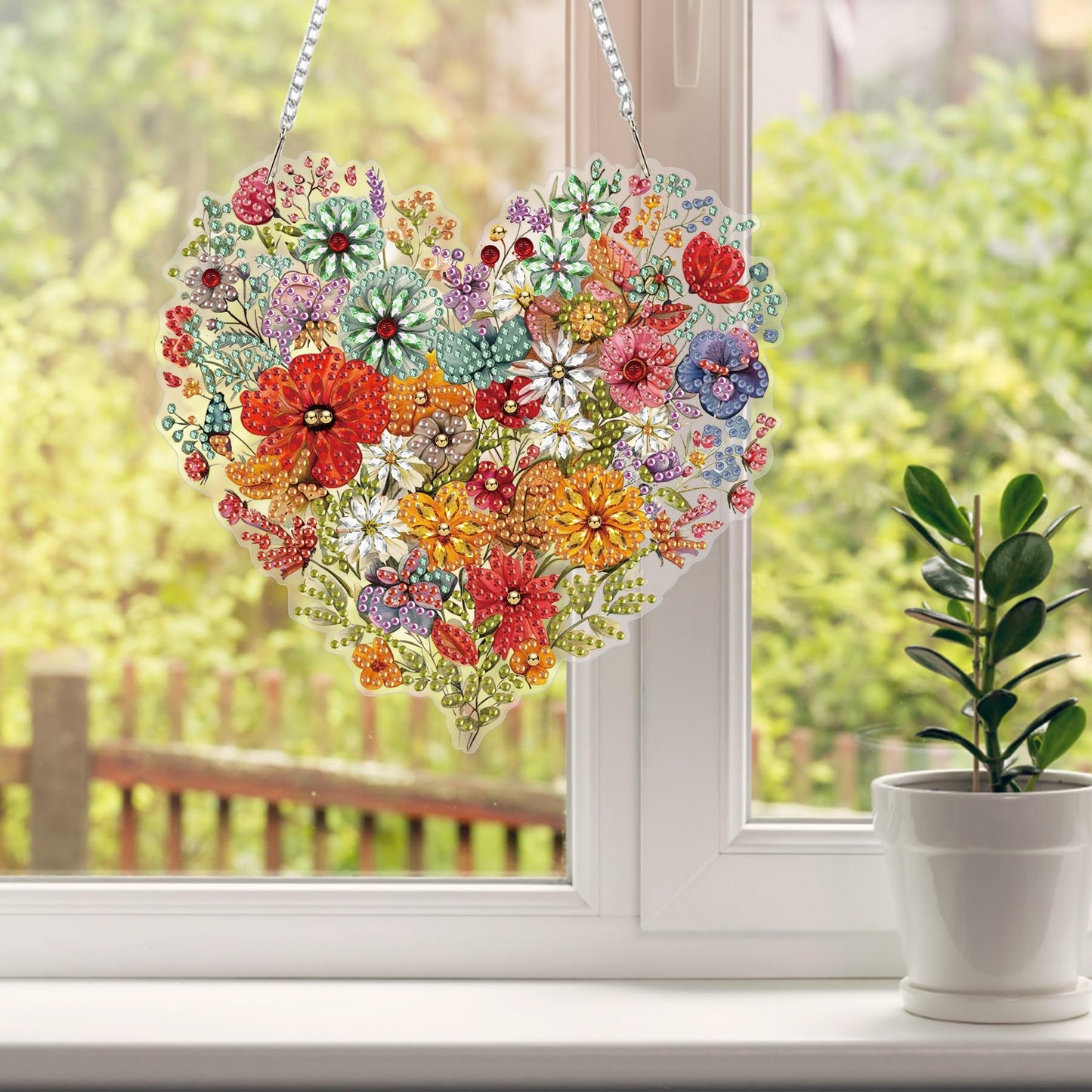HEIBAGO Heart Flower Diamond Art Hanging Kits for Adults, Diamond Art Suncatchers, 5D Special Shape Diamond Painting Pendant, DIY Window Ornament Gifts for Home Garden Door Wall Decor 8.3 x 8.3 Inch