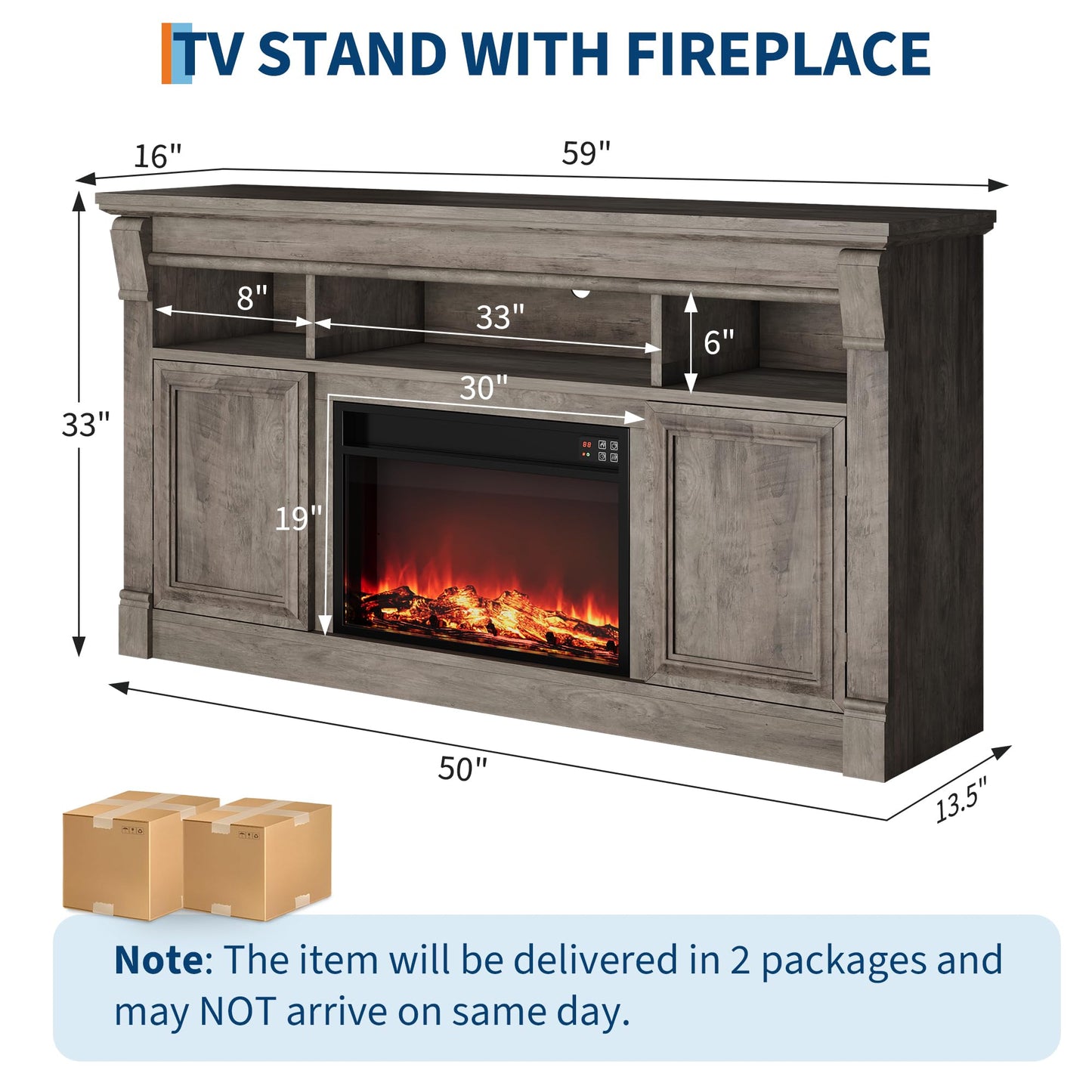 GarveeLife 58" Fireplace TV Stand for TVs Up to 65, Modern Farmhouse Entertainment Center with 30'' Electric Fireplace, Remote Control Realistic 3D Flame, Media Console with Storage Shelves, Gray
