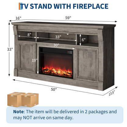 GarveeLife 58" Fireplace TV Stand for TVs Up to 65, Modern Farmhouse Entertainment Center with 30'' Electric Fireplace, Remote Control Realistic 3D Flame, Media Console with Storage Shelves, Gray