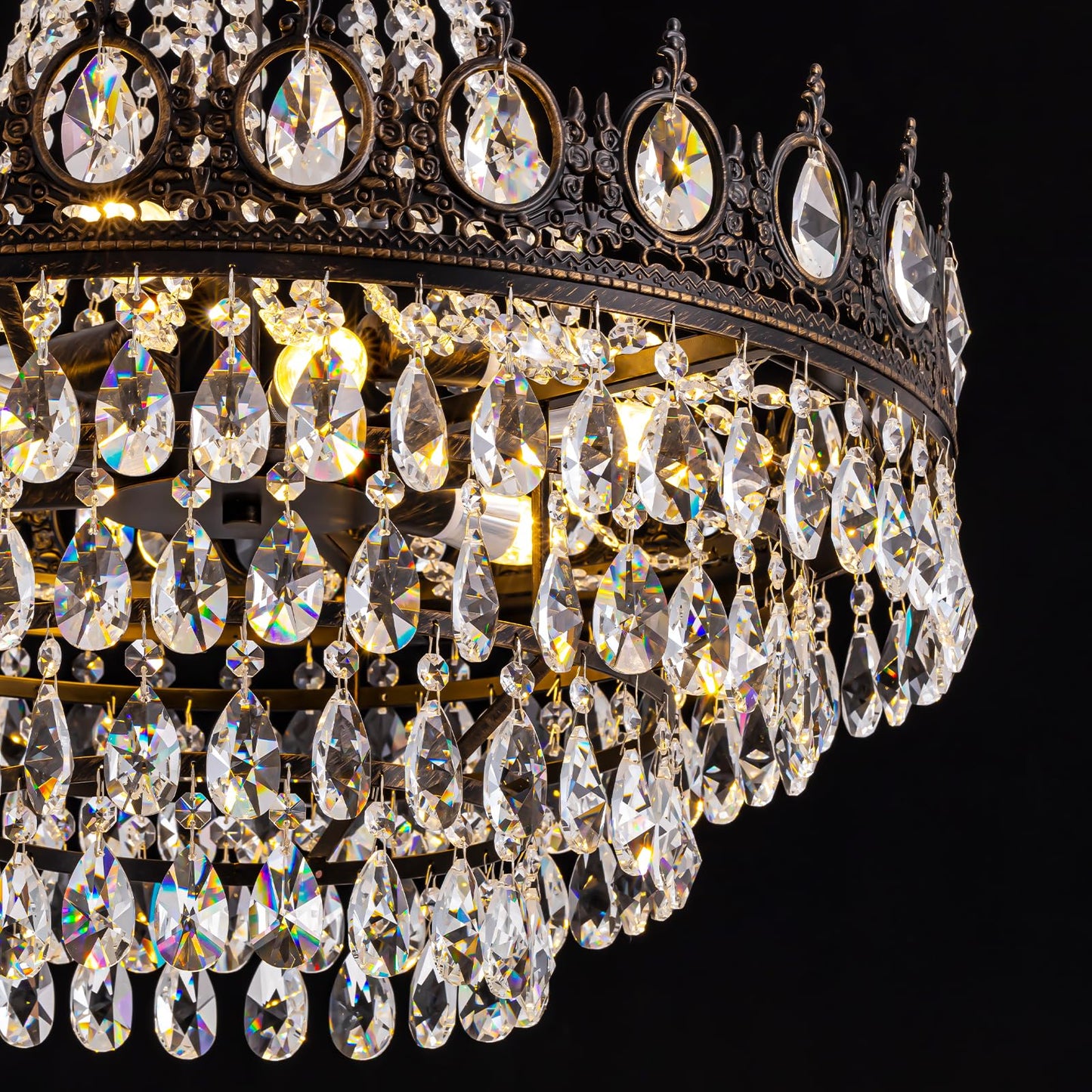 7PM French Empire Crystal Chandeliers, Vintage Crystal Chandelier, Antique Bronze Chandelier, Rustic Farmhouse Ceiling Light Fixture for Dining Room Bedroom Living Room Kitchen Foyer, W 24"