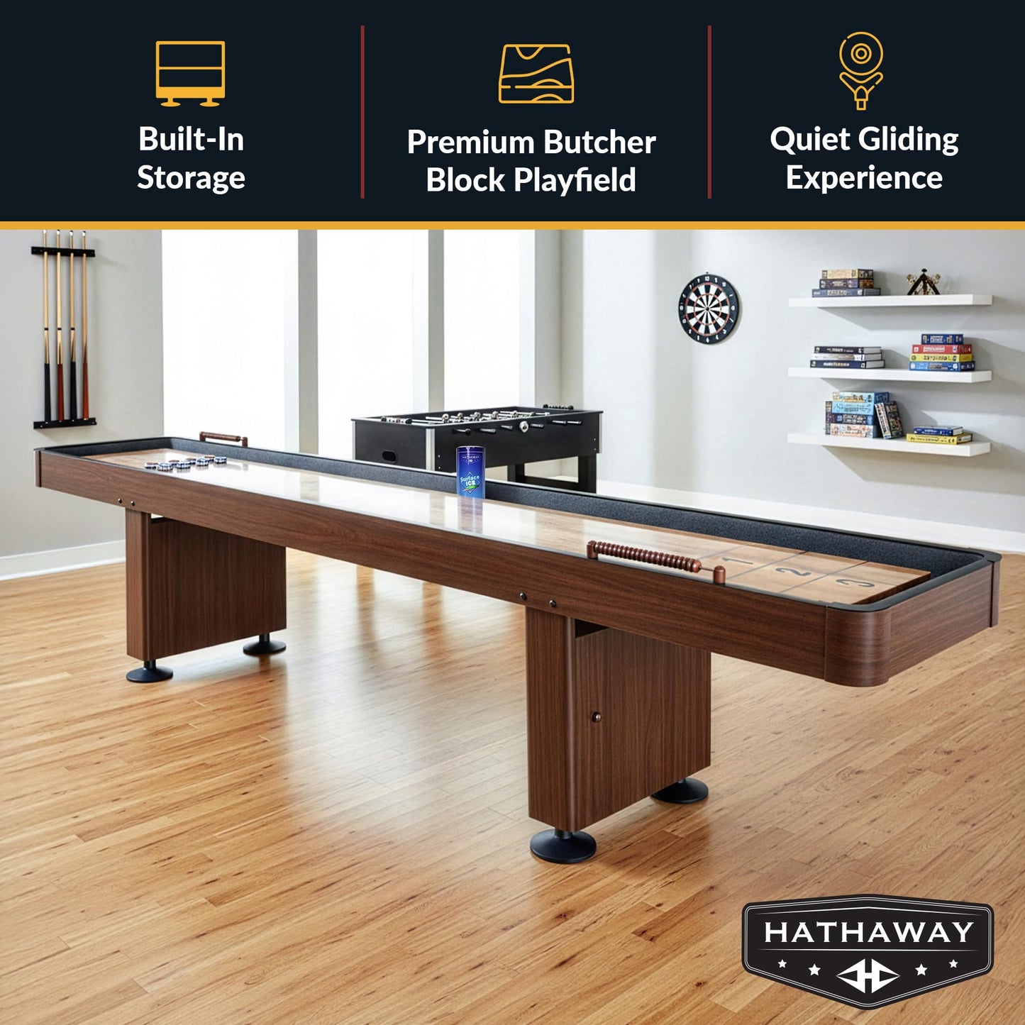 Hathaway Challenger 12 Ft Shuffleboard Table for Family Arcade Game Room - With Poly-Coated Playfield, Built-In Scorer & Cabinet, Climate Adjusters, Leg Levelers, 8 Pucks, Brush & Wax - Walnut Finish