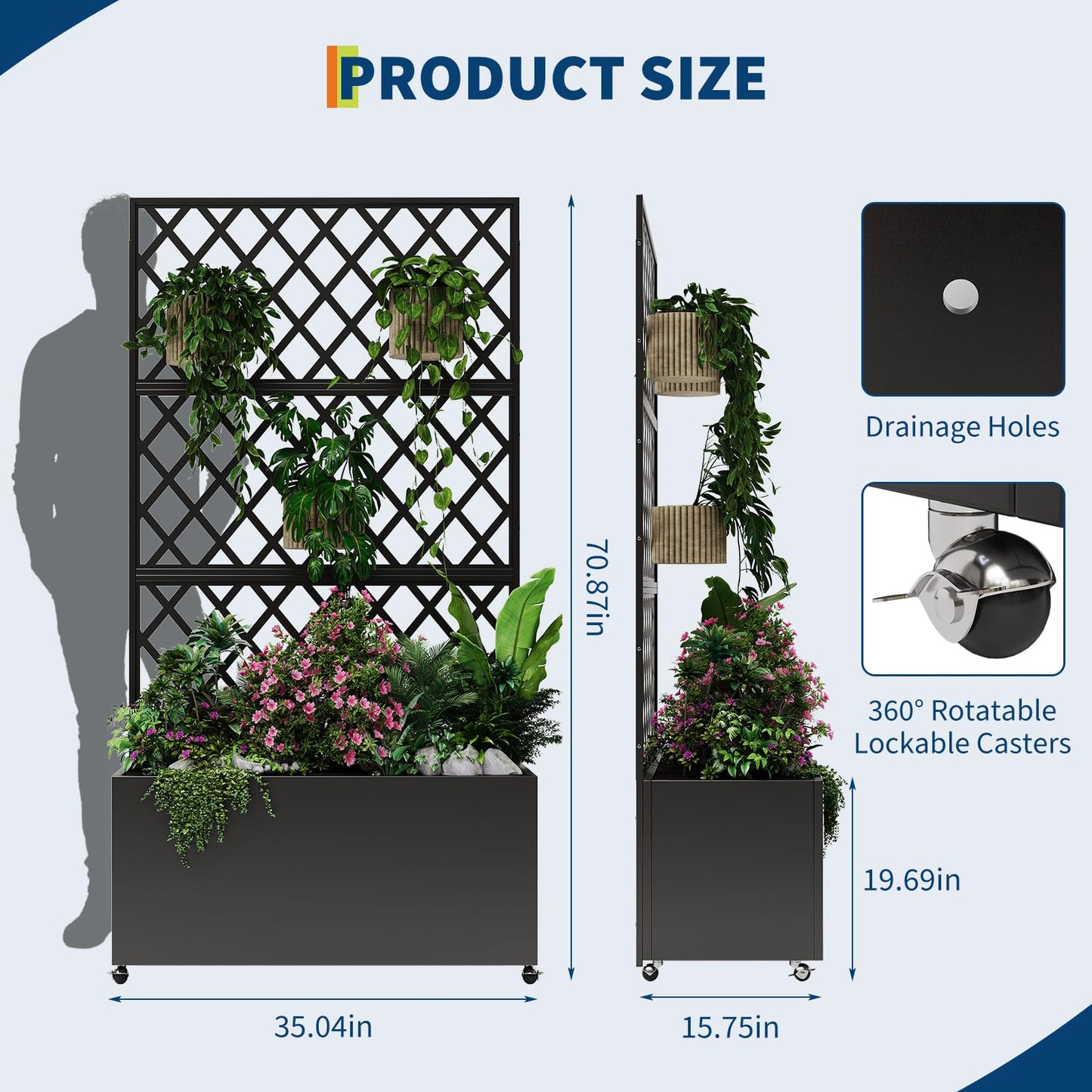 PrecisionAuto Mobile Galvanized Steel Raised Garden Bed with Trellis & Privacy Screen – Large Planter Box with Lockable Wheels & Drainage – Perfect for Vegetables, Vines, Herbs – Outdoor Metal Flower