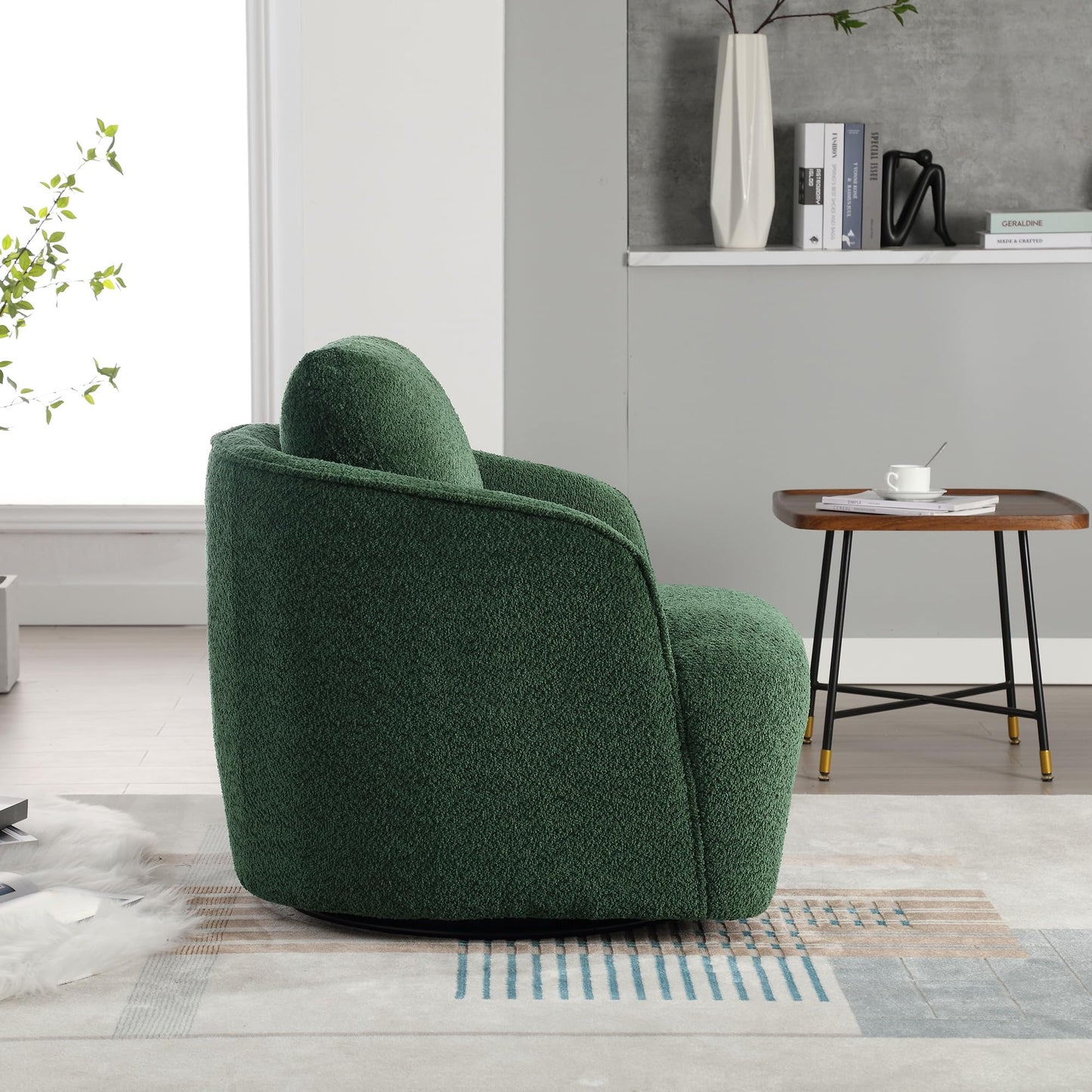 KEIKI 30" Boucle Round Accent Oversized Single Sofa Chair with High Resilience Cushion, Modern Style Upholstered Swivel Accent Barrel Chair, Lounge Armchair, Easy Assembly, for Living Room, Green