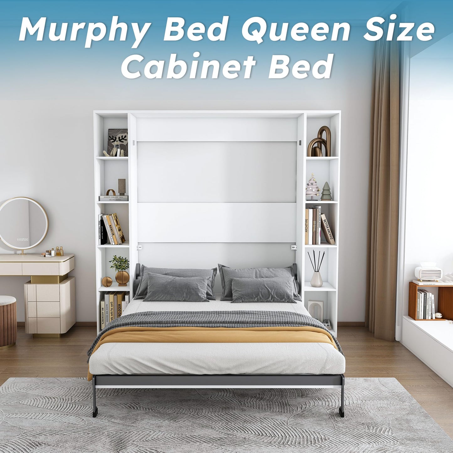 KEIKI Queen Size Murphy Bed Chest, Folding Cabinet Wall Bed Frame with Storage Shelves, Sapce Saving Hideaway Cabinets Beds Frames for Apartment Bedroom Guest Room, Wood Slats Support, White