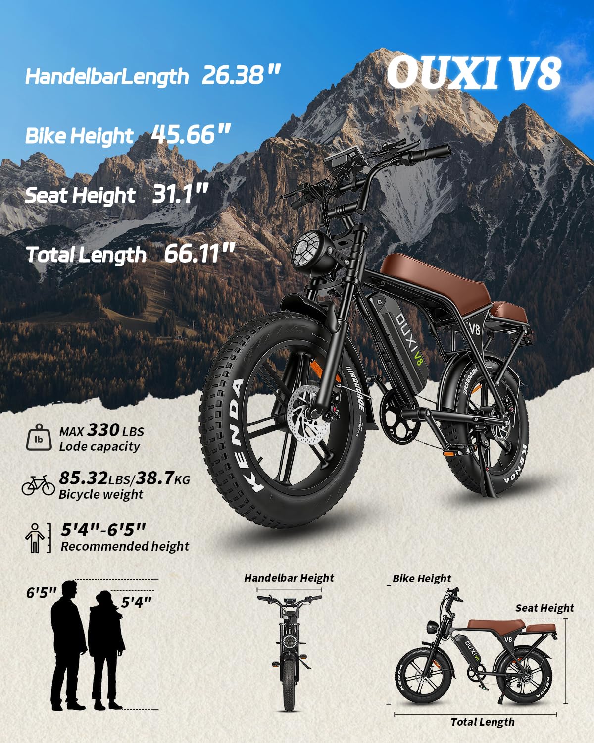 OUXI V8 Electric Bike for Adults, Ebike with15.6 AH Removable Battery Max 60Miles, 20" Electric Dirt Bike Dual Disc Brakes, 7-Speed Gear, Electric Motorcycle for Commuting & Off-Road