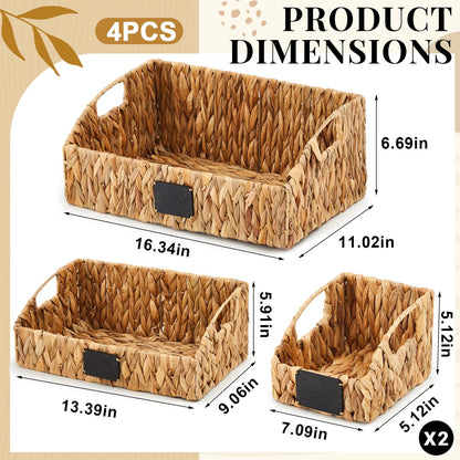 Wonderjune 4 Pcs Water Hyacinth Storage Basket Set Boho Wicker Rattan Pantry Basket with Chalkboard Label Handles Woven Container Kitchen Laundry Large Small for Shelves Food Home Bathroom Decor