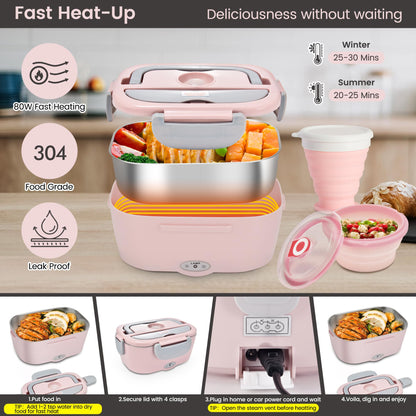 AOSION Electric Lunch Box for Adults, Heated Lunch Box 3-IN-1 80W Self Portable Food Warmer for Car/Truck/Office, Upgraded Lunch Box Leak-Proof Stainless Steel Container, Gifts for Women (Pink)