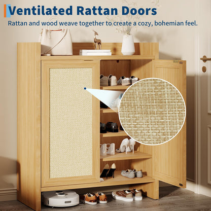 MERXENG Rattan Shoe Cabinet for Entryway, Wooden Shoe Storage Cabinet with Adjustable Shelves, Freestanding Shoe Rack with Guardrail Top for Hallway & Living Room, Dark Oak
