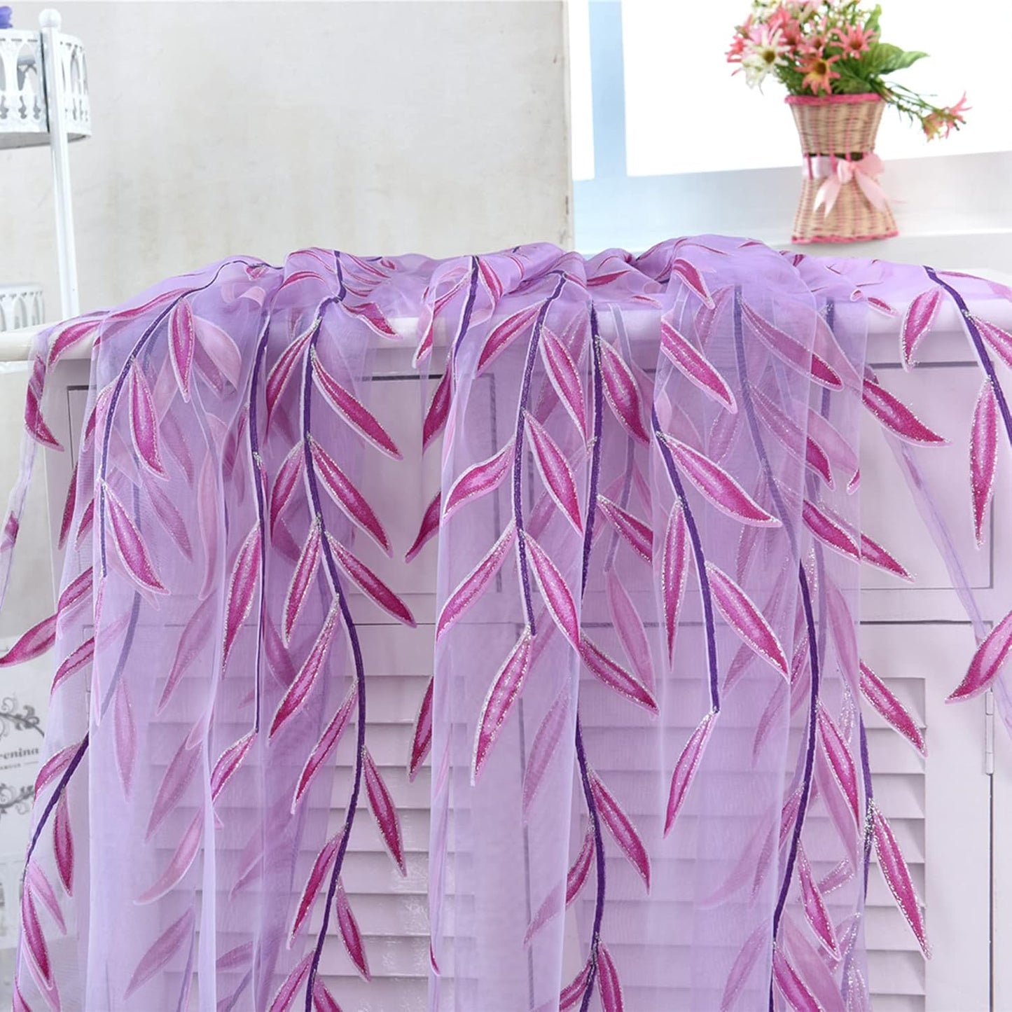 ICYANG Sheer Lavender Curtains Lilac Leaf Purple Vine Willow Tulle Drape Panel Valances 78.6 x 39.3 Inch for Home