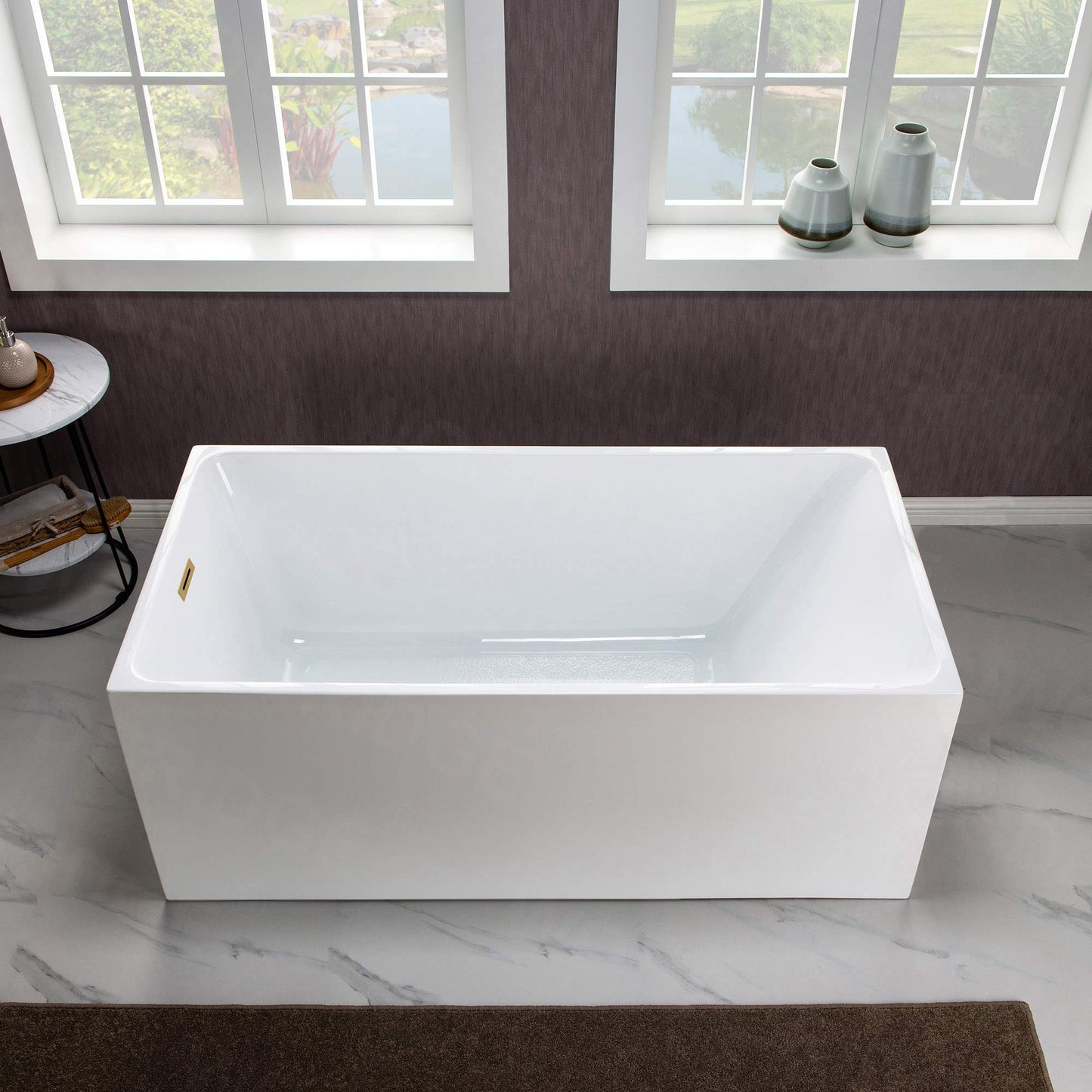 WOODBRIDGE 59" Acrylic Freestanding Bathtub Contemporary Soaking White Tub with Brushed Gold Overflow and Drain，B0085-BG-Drain&O