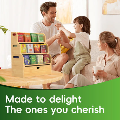 ARFETIGO Bamboo Tea Bag Organizer for Coffee Bar, 4 Tier Modular Tea Organizer with Drawer, Large Capacity Tea Storage Box, Stackable Tea Station Organizer, No Assembly, Kitchen Counter
