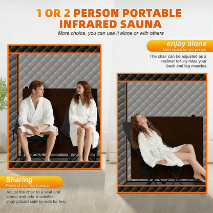 Smartmak Portable Infrared Sauna, 1-2 Person Oversize Infrared Sauna Box, Personal Indoor Home Dry Sauna Tent, with Adjustable Folding Chair, Remote Control, LED Light