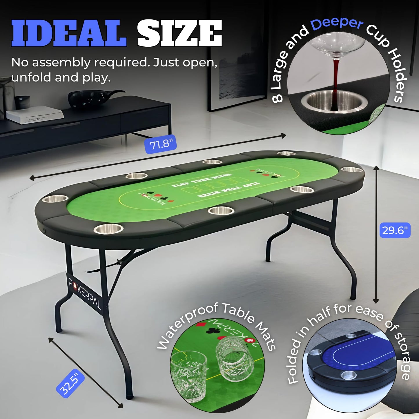 8 Player Poker Table with 2 Interchangeable Game mats, Texas Holdem Poker and Blackjack, Collapsible Casino Table with Padded Rails and XXL Cup Holders for Wine and Whiskey Glasses, (71 in) - Blue