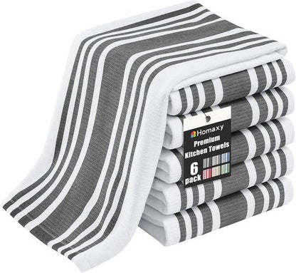 Homaxy Premium Kitchen Towels - Highly Absorbent Cotton Dish Towels | 6 Pack, 18”x28”, Black Stripe & Terry