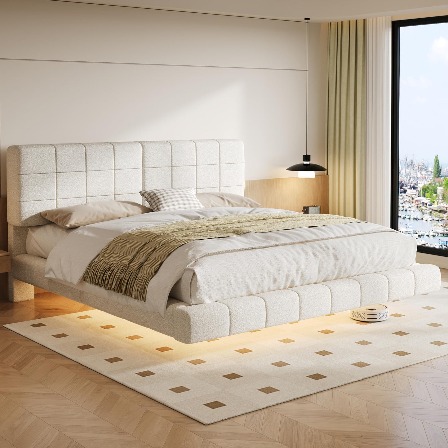 Christopher Knight Home Borden Floating Bed Frame Queen Size with Lights, Boucle Queen Size Platform Bed Frame with Headboard, Modern Floating Queen Bed Frame,No Box Spring Needed,Easy Assembly, White