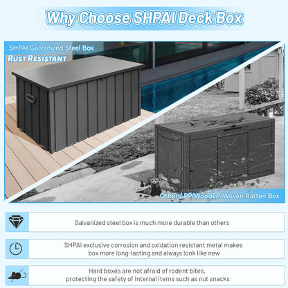 SHPAI 190 Gallon Metal Deck Box, Waterproof Steel Outdoor Box, Large Patio Furniture Storage Cabinet, Lockable Storage Bench for Porch Package Delivery, Pillows, Cushions, Pool, Tools, Backyard, Grey