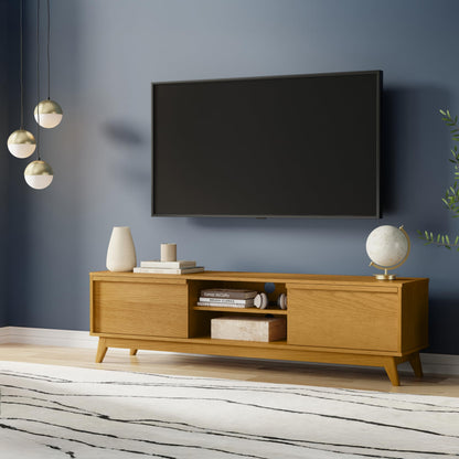 SIMPLIHOME Lennon TV Stand - 72 inch Wide Solid Wood Low Media Console in Oak Veneer, Mid Century Modern Entertainment Center for Living Room for TVs up to 80 Inches with Shelves and Cable Management