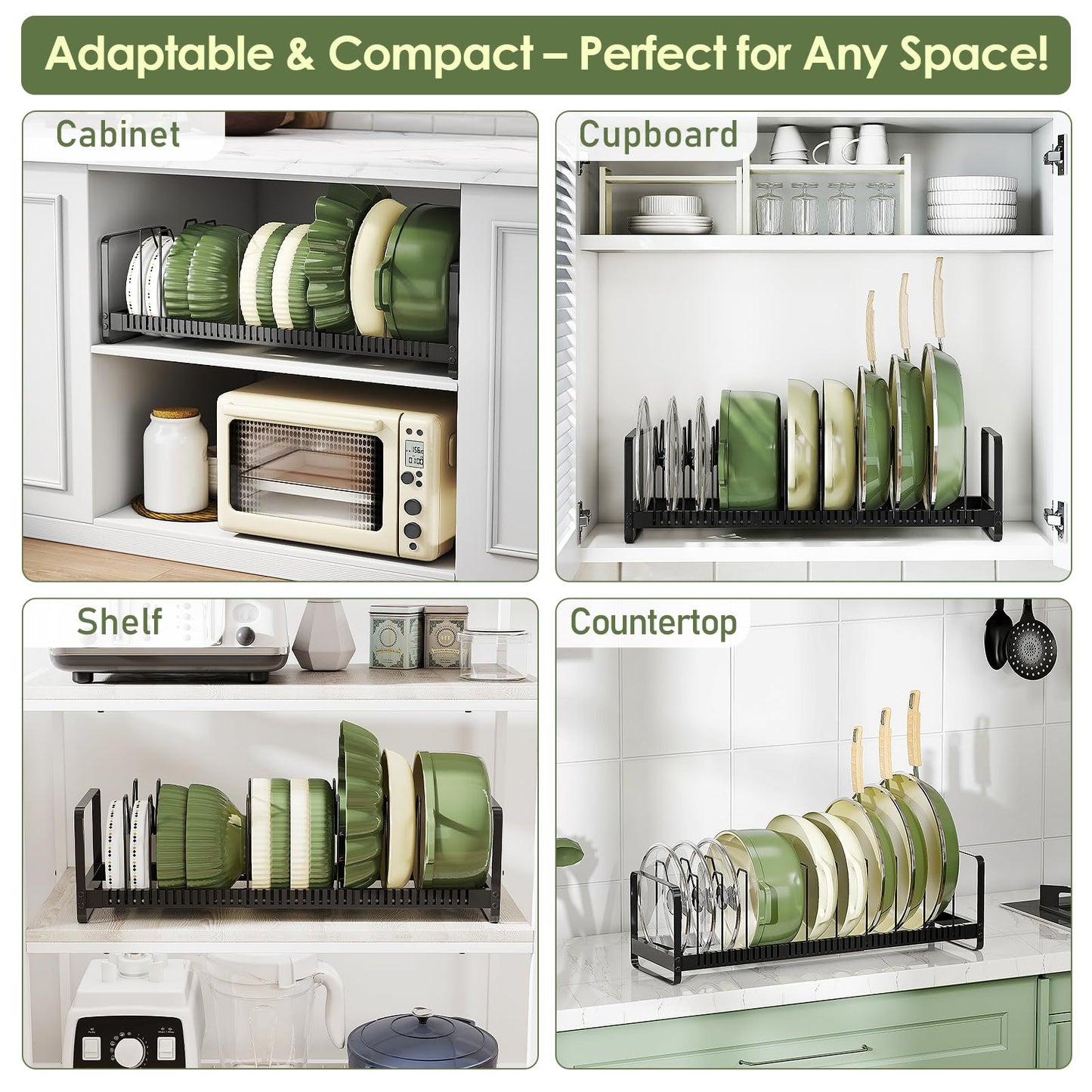 MUDEELA Pots and Pans Organizer Rack for under Cabinet, Expandable 11.81''-22.85'' Pot Lid Kitchen Cabinet Organizer Holder with 10 Adjustable Compartment Cutting Board Organizer for Pan Lid, Bakeware