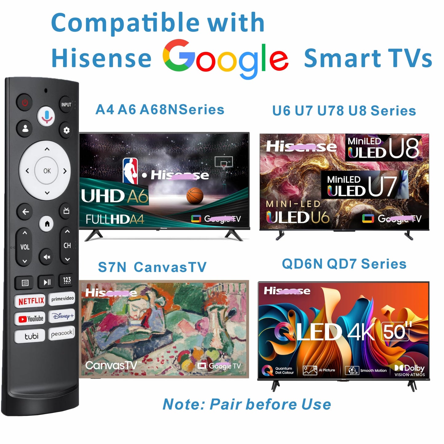 Universal Smart Remote Compatible with Hisense TV Remote Control Replacement 2025-2015, Voice, Bluetooth, Hisense Google, Android, Laser, Canvas TVs, 4K UHD, HD, Mini-LED, ULED